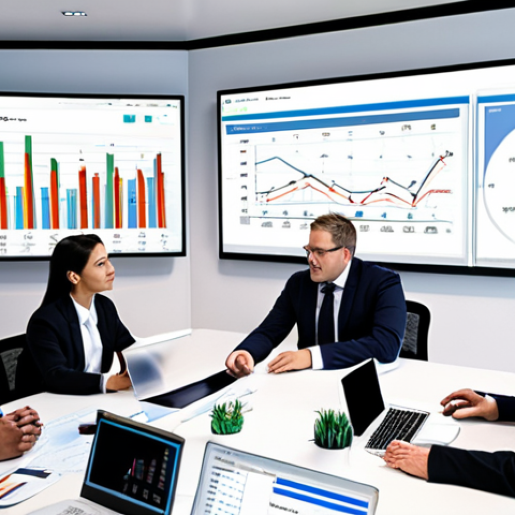 **Prompt:** Financial planning meeting, modern office, रोबो-सलाहकार interface displayed on screen, diverse team, charts and graphs, investment opportunities, technology integration, AI assistance.