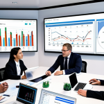 **Prompt:** Financial planning meeting, modern office, रोबो-सलाहकार interface displayed on screen, diverse team, charts and graphs, investment opportunities, technology integration, AI assistance.
