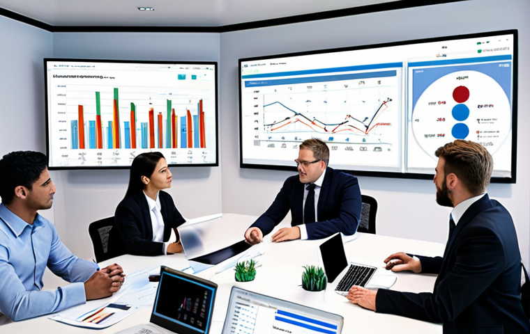 **Prompt:** Financial planning meeting, modern office, रोबो-सलाहकार interface displayed on screen, diverse team, charts and graphs, investment opportunities, technology integration, AI assistance.