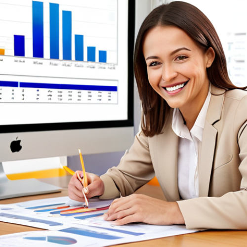 A financial planner sitting at a desk, smiling warmly at a client. The office is bright and professional, with charts and graphs visible in the background. The scene conveys trust and financial empowerment.