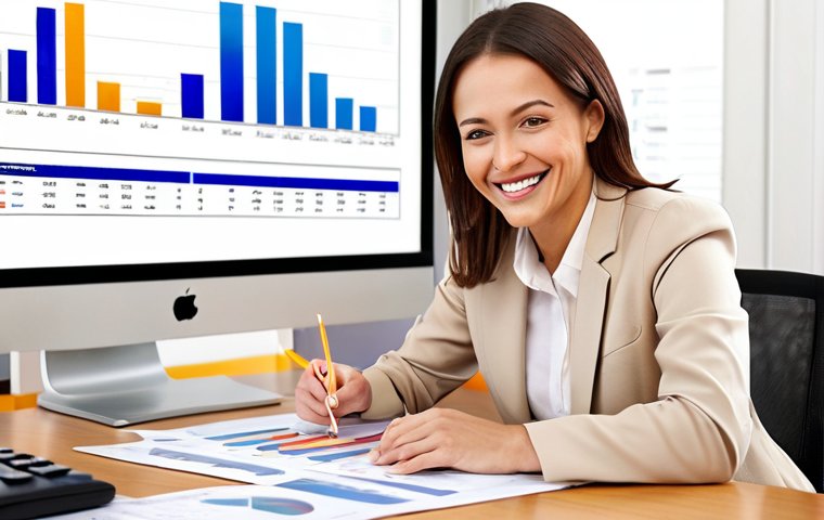 A financial planner sitting at a desk, smiling warmly at a client. The office is bright and professional, with charts and graphs visible in the background. The scene conveys trust and financial empowerment.
