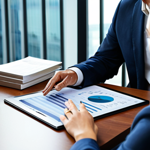 **Prompt:** A professional Certified Financial Planner (CFP®) advisor, an individual in a modest business suit and appropriate attire, seated at a modern, polished desk in a sunlit, contemporary financial office. The advisor is in a natural pose, making eye contact and clearly explaining a financial concept to a client (their back is to the viewer, indicating a client-focused interaction). Subtle financial charts and a digital tablet are visible on the desk. The atmosphere is one of trust and expertise. perfect anatomy, correct proportions, well-formed hands, proper finger count, safe for work, appropriate content, fully clothed, professional, high-resolution, professional photography, natural body proportions, crisp detail.
