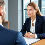 A professional female financial advisor in a modest business suit, seated across from a male client in a modern, well-lit office. She is actively listening with an empathetic and trustworthy expression, focusing on the client's needs and concerns, highlighting the human connection in financial planning. The setting is warm and inviting. safe for work, appropriate content, fully clothed, professional, perfect anatomy, natural pose, well-formed hands, proper finger count, natural body proportions, professional photography, high quality image.