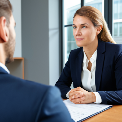 A professional female financial advisor in a modest business suit, seated across from a male client in a modern, well-lit office. She is actively listening with an empathetic and trustworthy expression, focusing on the client's needs and concerns, highlighting the human connection in financial planning. The setting is warm and inviting. safe for work, appropriate content, fully clothed, professional, perfect anatomy, natural pose, well-formed hands, proper finger count, natural body proportions, professional photography, high quality image.