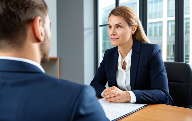 A professional female financial advisor in a modest business suit, seated across from a male client in a modern, well-lit office. She is actively listening with an empathetic and trustworthy expression, focusing on the client's needs and concerns, highlighting the human connection in financial planning. The setting is warm and inviting. safe for work, appropriate content, fully clothed, professional, perfect anatomy, natural pose, well-formed hands, proper finger count, natural body proportions, professional photography, high quality image.