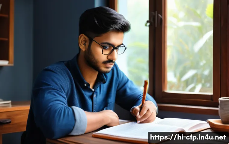 CFP 시험에서 성공하는 노하우 - A focused Indian student studying at a quiet, cozy corner in a home setting, with natural daylight c...