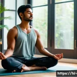 재무설계사의 스트레스 관리 방법 - A serene indoor scene showing a young Indian man practicing mindfulness meditation in a bright, airy...