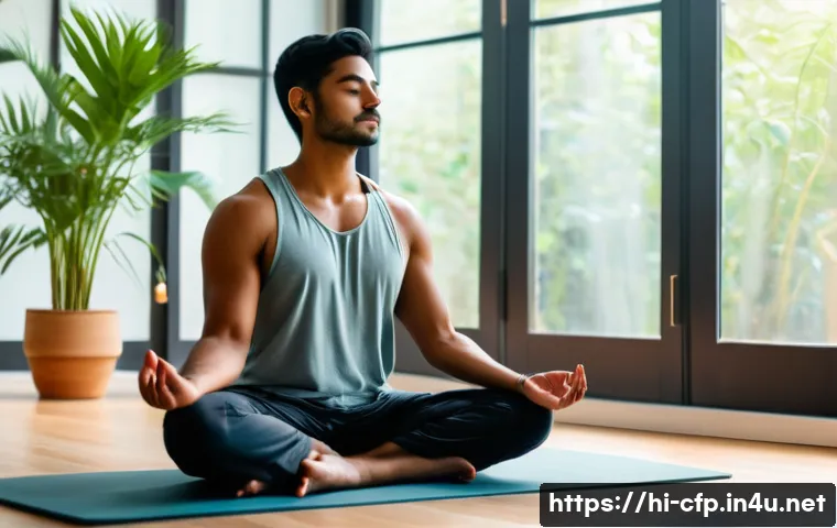 재무설계사의 스트레스 관리 방법 - A serene indoor scene showing a young Indian man practicing mindfulness meditation in a bright, airy...