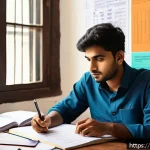 CFP 시험 준비와 관련된 추천 도서 - A detailed study scene featuring a young Indian adult man sitting at a traditional wooden desk, surr...