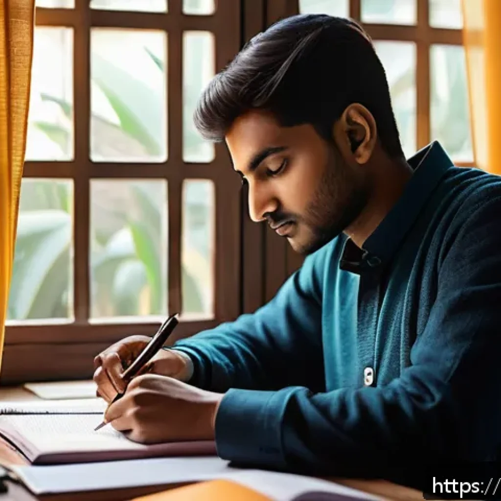 CFP 시험 합격을 위한 시간 관리 전략 - A focused young Indian man studying early in the morning at a tidy desk in a quiet room, natural sun...