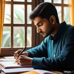 CFP 시험 합격을 위한 시간 관리 전략 - A focused young Indian man studying early in the morning at a tidy desk in a quiet room, natural sun...