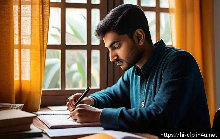 CFP 시험 합격을 위한 시간 관리 전략 - A focused young Indian man studying early in the morning at a tidy desk in a quiet room, natural sun...