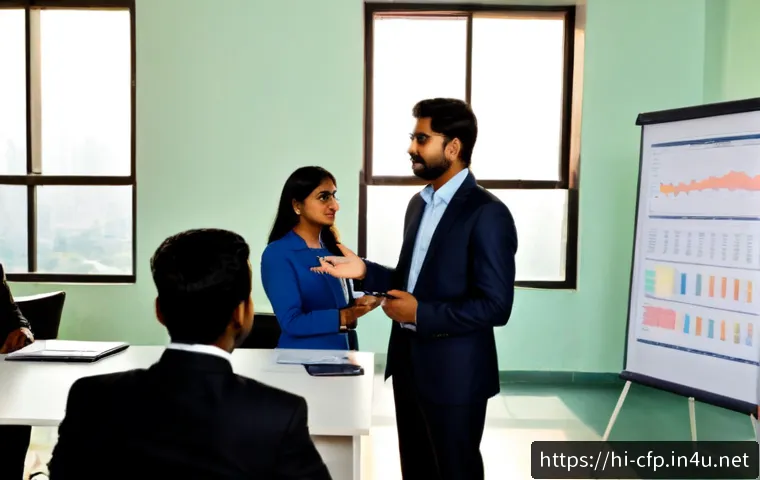 재무설계사의 리더십 개발 방법 - Photorealistic Indian financial advisor leading a small professional team workshop in a modern Mumba...